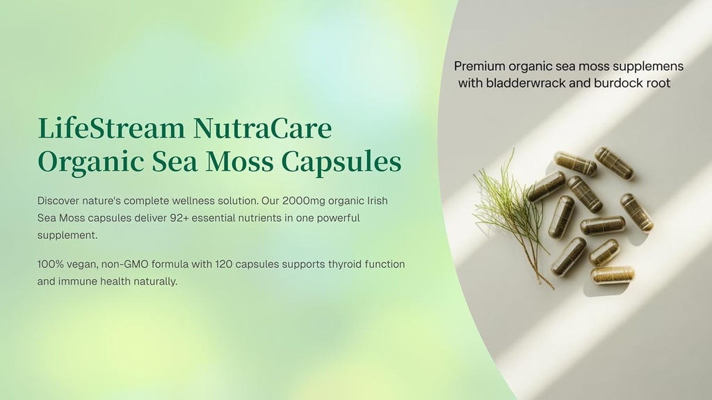 Organic Sea Moss Capsules – 2000mg Irish Sea Moss + Bladderwrack & Burdock Root – 100% Vegan Superfood – Thyroid & Immune Support – 120 Capsules – Non-GMO.
