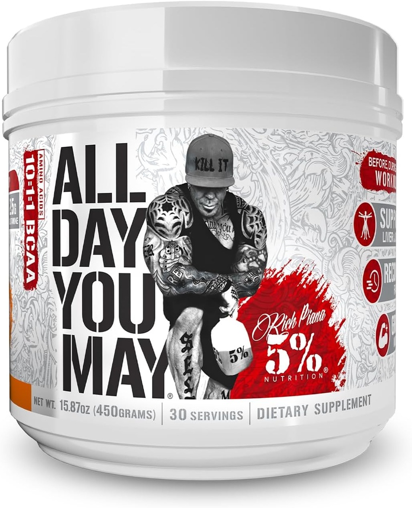 5% Nutrition Rich Piana AllDayYouMay BCAA Powder | Premium Intra & Post Workout Amino Acids, Hydration, Endurance, Muscle Recovery, Joint & Liver Support | 15.87 oz, 30 Servings (Push Pop)