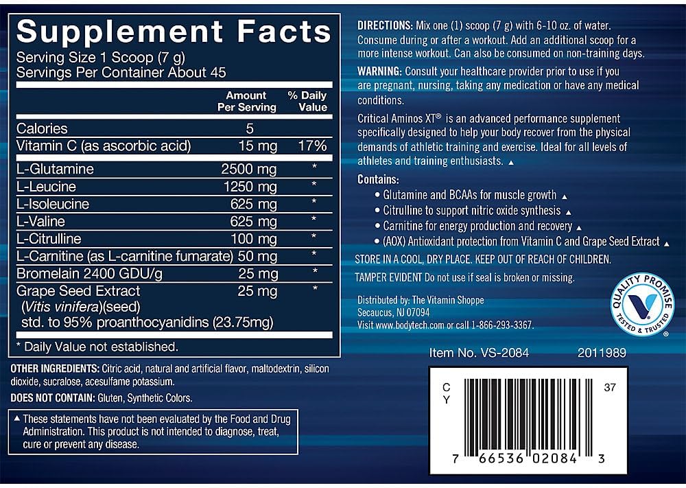 BODYTECH Critical Aminos XT Intra/Post Workout Powder in Delicious Fruit Punch Flavor - Formulated to Support Muscle Recovery and Enhance Performance for Optimal Results (15.9 oz / 45 Servings)