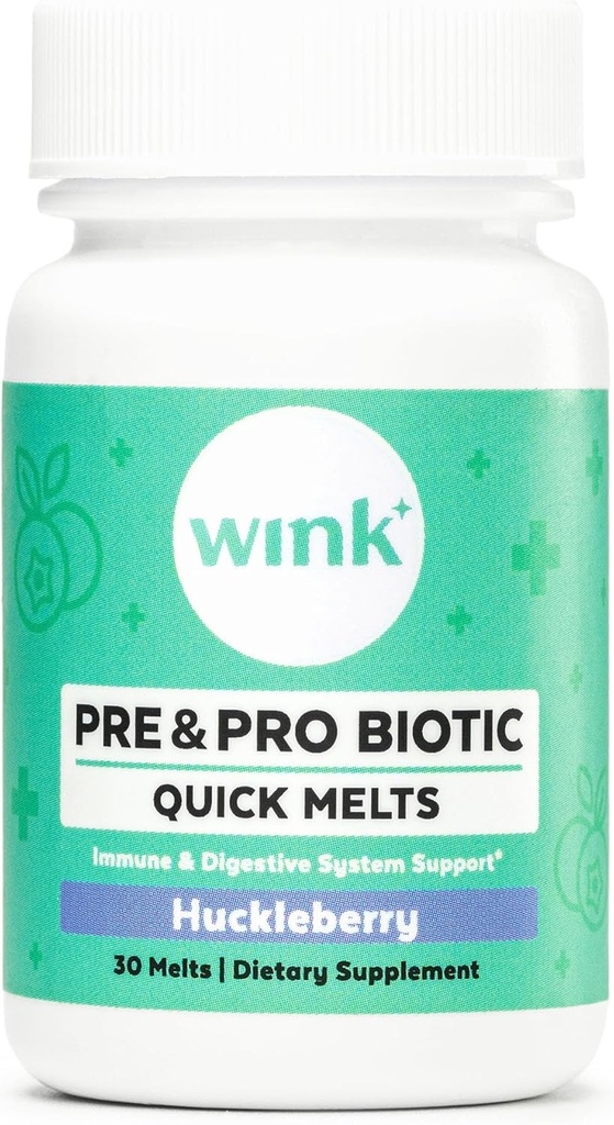 Wink Well Prebiotics and Probiotics, Immune System Booster Dietary Supplement for Digestive Health, Bloating Relief and Support- for Kids and Adults (Huckleberry Flavor, 30 Melts)