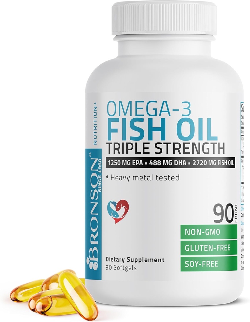 Bronson Omega 3 Fish Oil Triple Strength 2720 mg, High EPA 1250 mg DHA 488 mg, Non-GMO Heavy Metal Tested, 90 Softgels