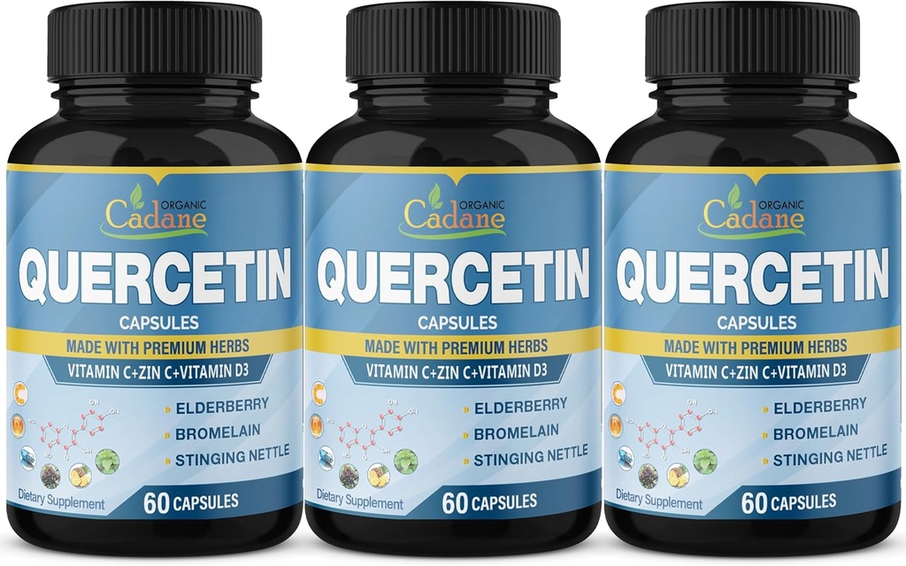 Organic Cadane 3 Packs 60 Capsules Quercetin Extract Capsules - with VitC, VitD, ZinC, Elderberry, Bromelain, Ginger & More - Support Immune System, Strength - 3 Month Supply