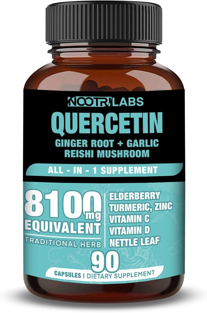All-in-1 8100mg Highest Potency Quercetin, Elderberry, Turmeric, Reishi Mushroom, Vitamin C, D, Ginger Root, Zinc, Nettle Leaf - Immune, Antioxidant & Overall Health Support - 90 Vegan Capsules
