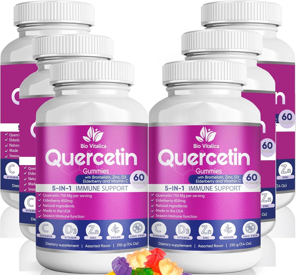 BIO VITALICA Quercetin Gummies by BioVitalica - Quercetin with Bromelain Vitamin C and Zinc & Elderberry + Vitamin D3-5 in 1 Immune Support - Zinc Quercetin 750 mg for Kids and Adult (6, Quercetin)