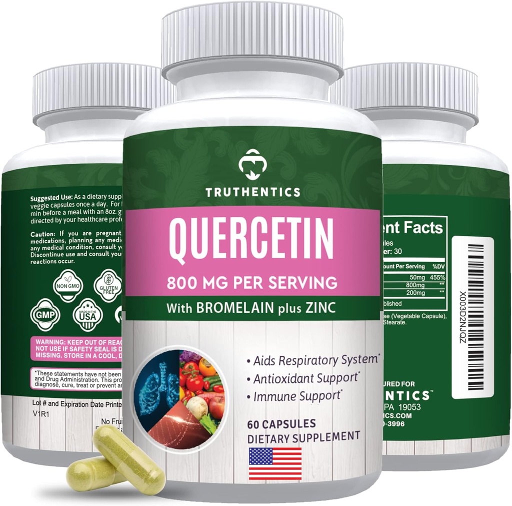 TRUTHENTICS Quercetin with Bromelain and Zinc 1050mg - Premium Zinc Quercetin Supplements for Immune, Respiratory & Seasonal Support - Non-GMO, Gluten Free - 60 Veggie Capsules