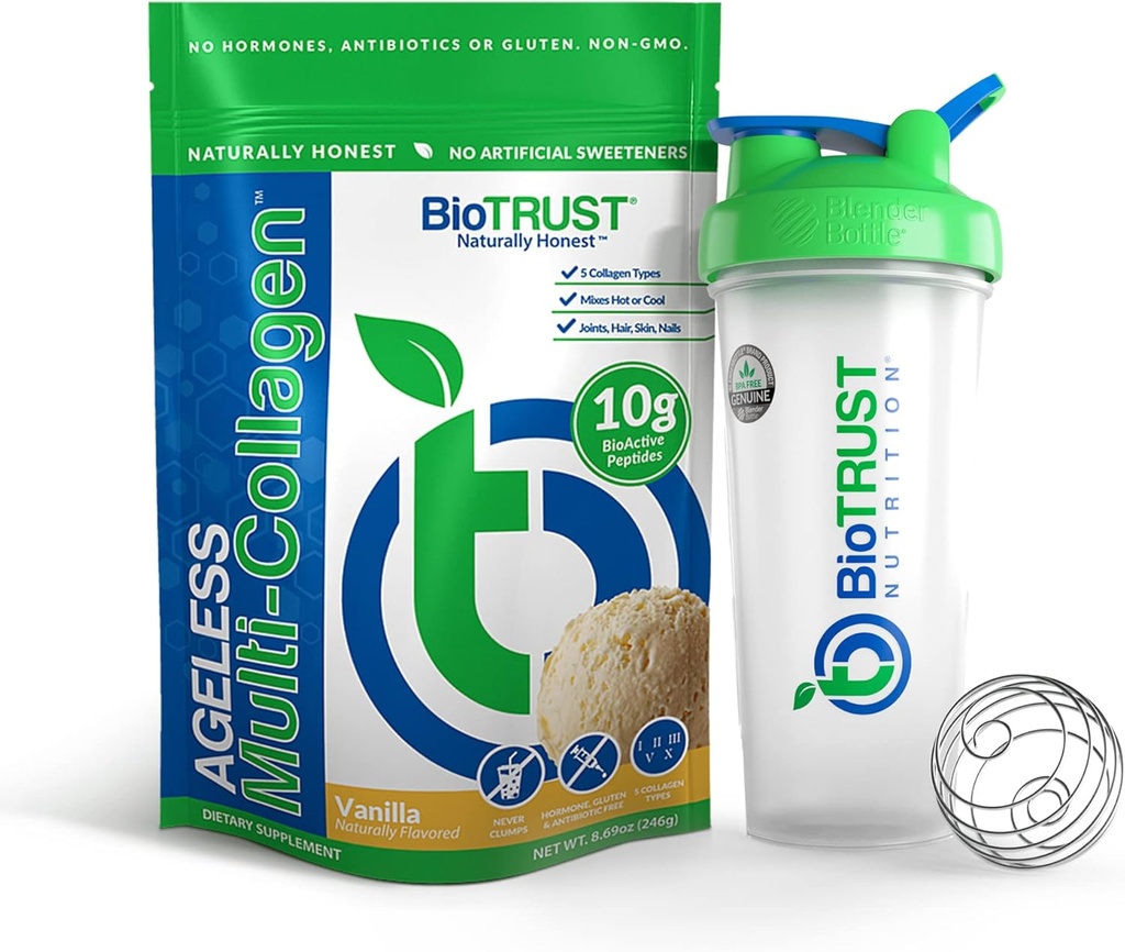 BioTrust Ageless Multi Collagen 5-in-1 Protein Powder (Vanilla) BlenderBottle Bundle