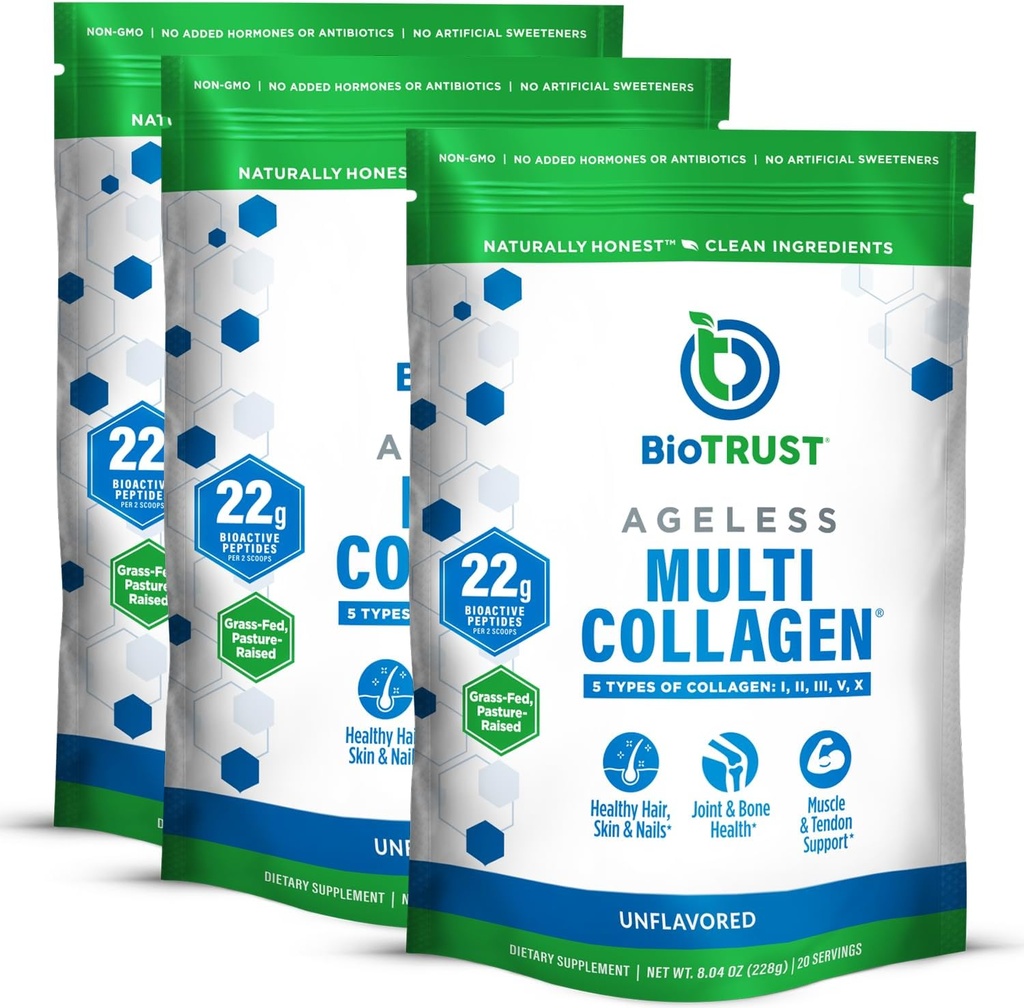 BioTrust Ageless Multi Collagen Peptides Powder – 5 Types (I, II, III, V, X) – Unflavored Collagen Powder for Women & Men – Hydrolyzed Protein – Grass Fed Beef, Fish, Chicken, Eggshell Membrane, 3-pk