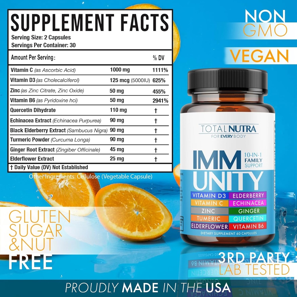 10-In-1 Immune Support Supplement: Immune Boosters for Adults & Kids Daily Immunity Defense with Key Immune System Vitamins Zinc, Vitamin C and D, Plus Elderberry, Quercetin, Echinacea & More, 60 Caps