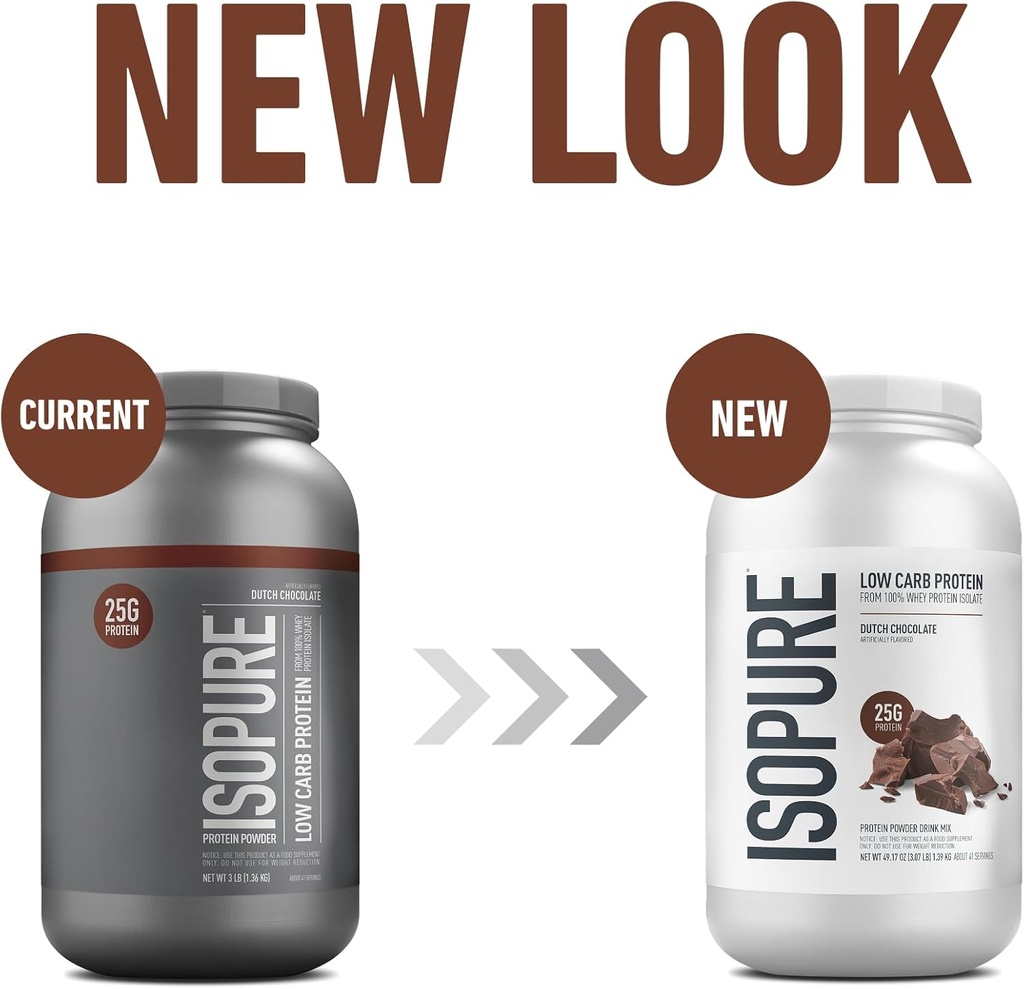 Isopure Low Carb 100% Pure Whey Isolate Protein Powder, Lactose Free, Gluten Free, With Vitamins, Dutch Chocolate, 25g Protein Per Serving, 3 Lbs, 41 Servings (Packaging May Vary)