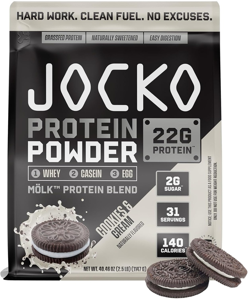 Jocko Fuel Mölk Whey Protein Powder - Keto, Probiotics, Digestive Enzymes, Amino Acids, Low Sugar Monk Fruit Blend - Supports Muscle Recovery & Growth (2.5 LB, Cookies & Cream)