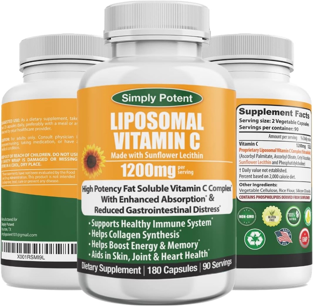 Simply Potent Liposomal Vitamin C 1500MG Supplement - Enhanced Absorption & Bio-Availability | Immune Support & Antioxidant | Non-GMO, Gluten-Free | Vitamin C Liposomal, Liposomal VIT C Capsules