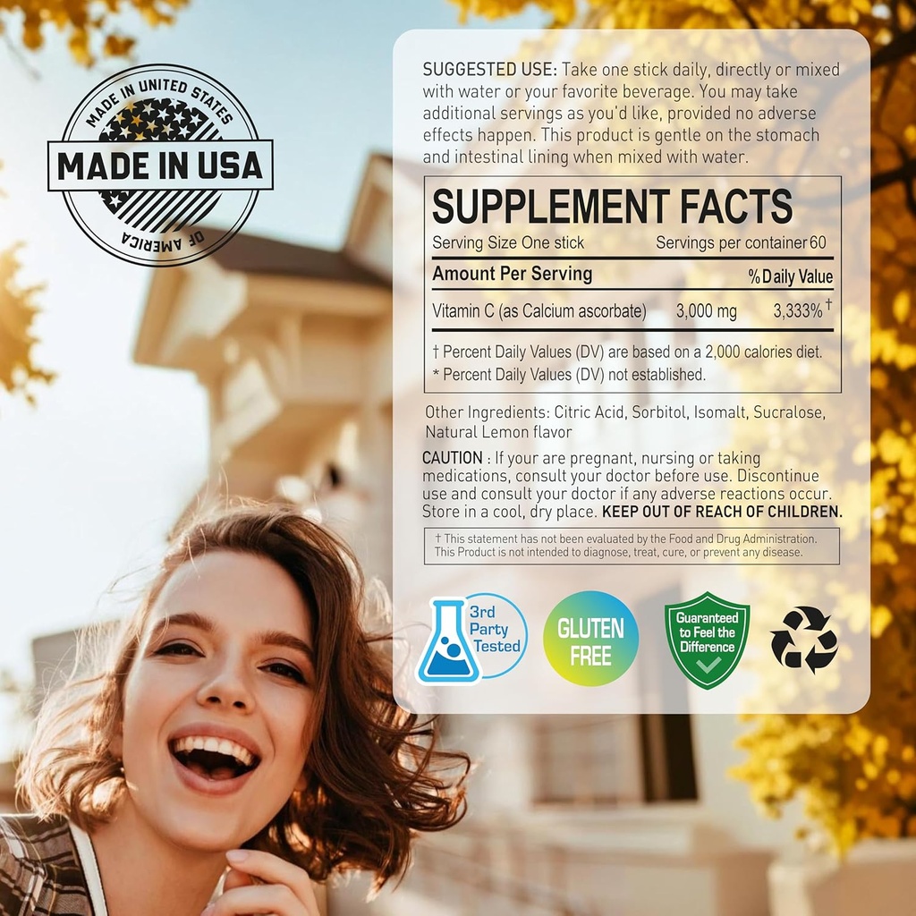Pure Buffered Vitamin C 3000 mg per Serving, Dietary Supplement for Immune Support - 60 Sticks x 1 Box, 2 Months Supply (60 Count)