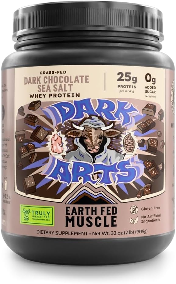 Earth Fed Muscle Dark Arts Grass Fed Whey Protein Powder Isolate, Dark Chocolate Protein Powder Sea Salt, Non-GMO, Hormone, Soy & Gluten Free, 2lb, 26 Servings (32 oz)