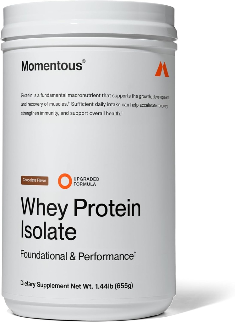Momentous Essential Grass-Fed Whey Protein Powder - 20 g Whey Isolate Protein - NSF Certified for Sport® - Gluten-Free - 24 Servings for Essential Everyday Use - Chocolate - Package May Vary
