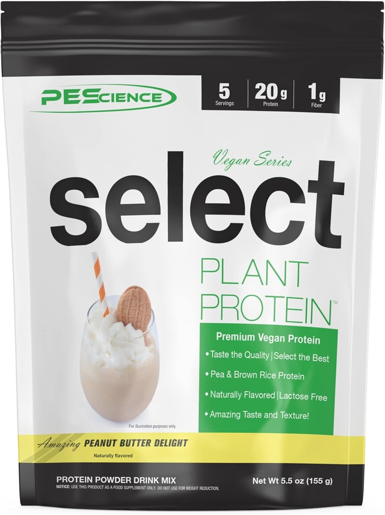 PEScience Select Vegan Protein Powder, Plant Based with Amazing Taste & Smooth Texture, Pea Protein & Brown Rice Blend, Dairy Free, Gluten Free, 5 Serving, Peanut Butter Delight