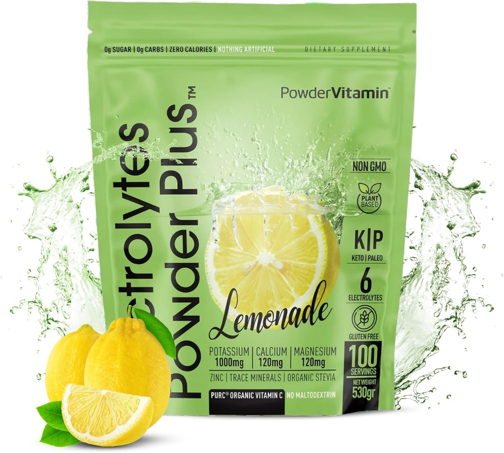Electrolytes Powder Plus Keto, Lemonade (100 Servings) 0 Sugar, No Maltodextrin,1000mg Potassium,120mg Calcium,120mg Magnesium,Organic Vitamin C,Zero Calories, Energy Hydration Powder