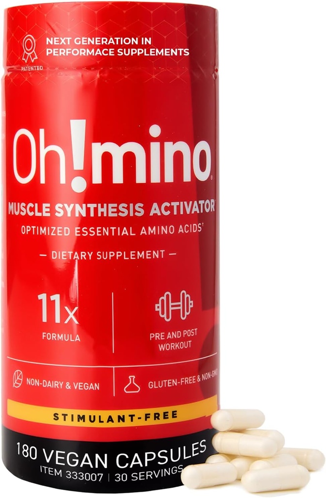 Oh!mino Essential Amino Acids Supplement. Stimulant-Free Capsules. All 9 EAAs, BCAAs and The Perfect Amino for Workouts, Amino Energy, and to Build Muscle, and Recover Faster.