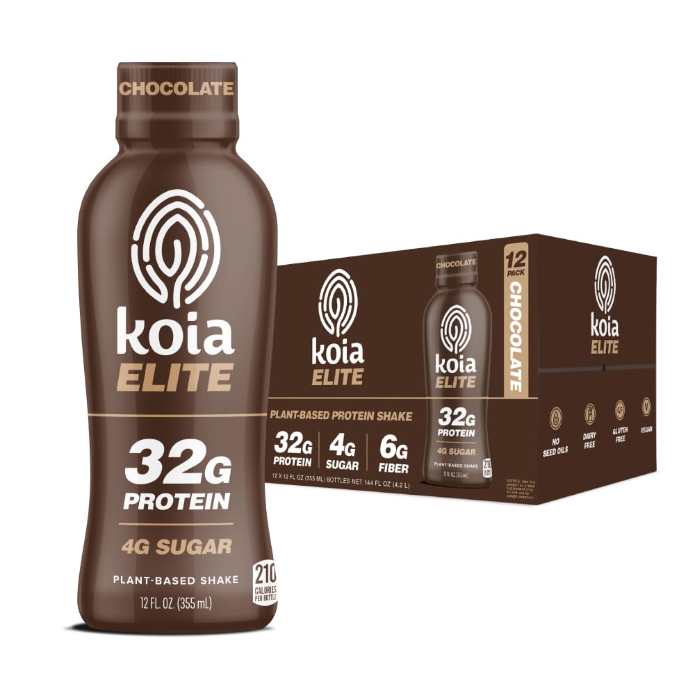 Koia Elite Plant Based Protein Shake, Chocolate, 32g Protein, 4g Sugar, 6g Prebiotic Fiber, Pre & Post Workout Nutritional Drink, No Seed Oils, Dairy-Free, Gluten-Free, Non-GMO, 12 Fl Oz (Pack of 12)