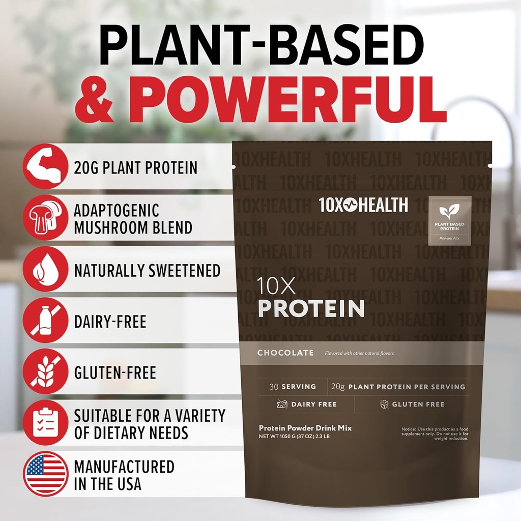 10X Health Vegan Protein Powder - 20g per Serving Plant Based Protein Powder for Muscle Support, Strength & Nutrition - Dairy-Free & Gluten-Free - Chocolate 2.3 lbs, 30 Servings