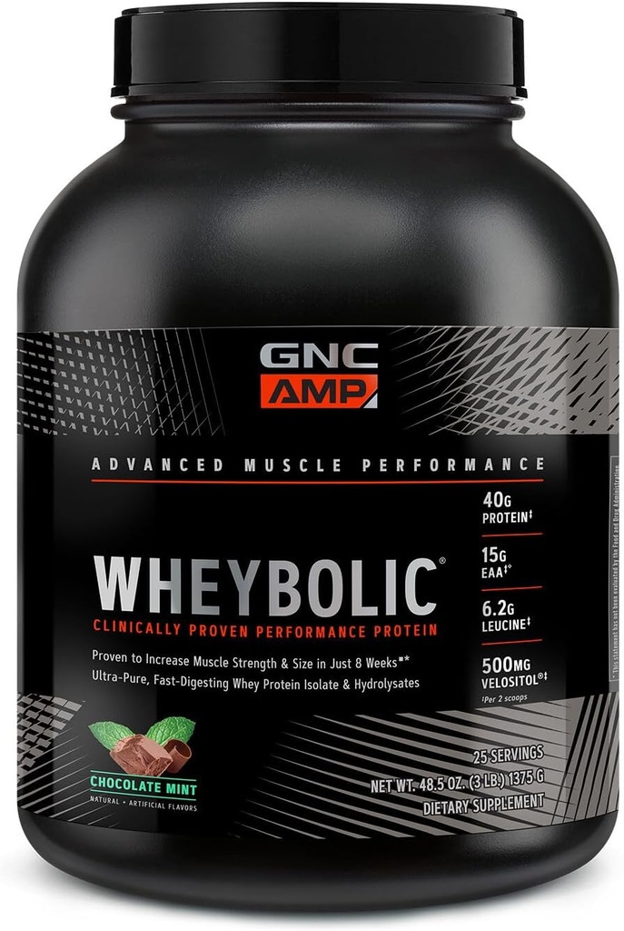 GNC AMP Wheybolic Clinically Proven Protein Powder, 40g Whey Protein, BCAA, Leucine, Increases Muscle Strength, Muscle Building, 3rd Party Tested, Gluten Free, Chocolate Mint, 25 Servings