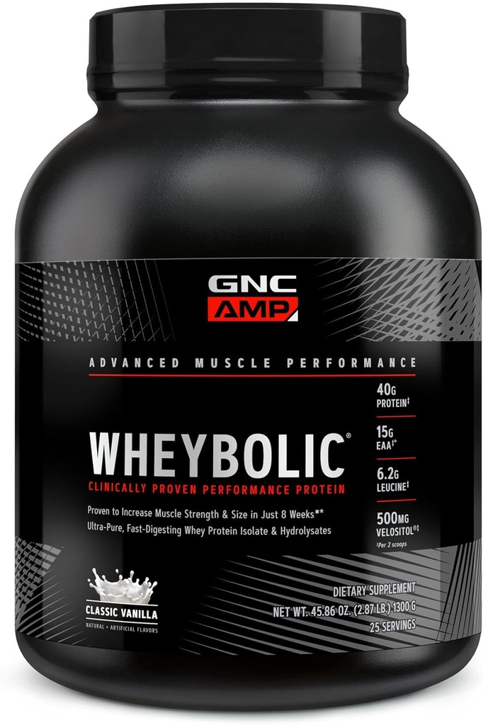 GNC AMP Wheybolic Clinically Proven Protein Powder, 40g Whey Protein, BCAA, Leucine, Increases Muscle Strength, Muscle Building, 3rd Party Tested, Gluten Free, Classic Vanilla, 25 Servings