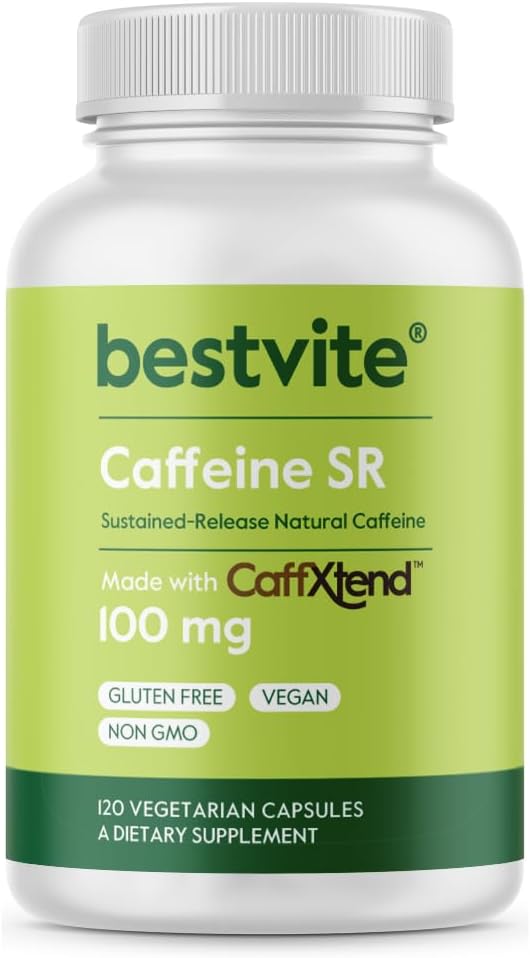 BESTVITE Caffeine 100mg SR (120 Vegetarian Capsules) - Sustained Release - Vegan - Non GMO - Gluten Free - Natural Caffeine Pills