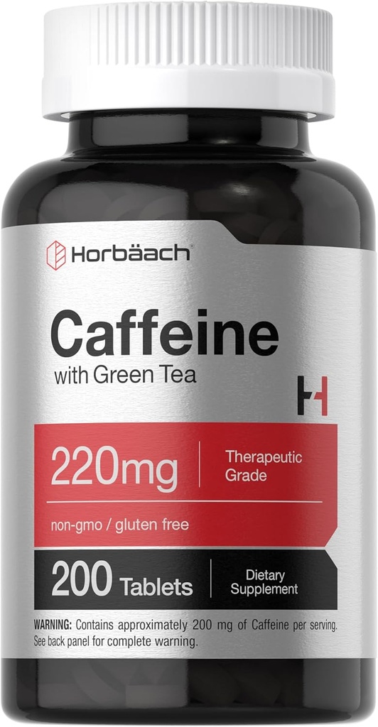 Horbäach Caffeine Pills 200mg | with Green Tea | 200 Tablets | Vegetarian, Non-GMO & Gluten Free
