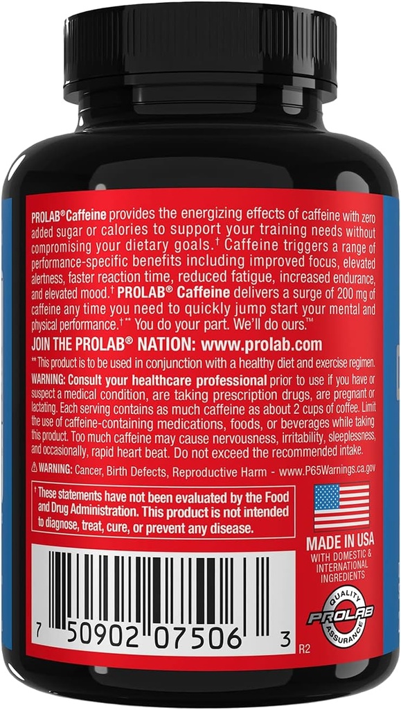ProLab Caffeine Tablets 200mg - 200ct | Energy Support, Helps Enhance Endurance & Mental Focus, Reduce Fatigue, Pre-Workout, Extra Strength