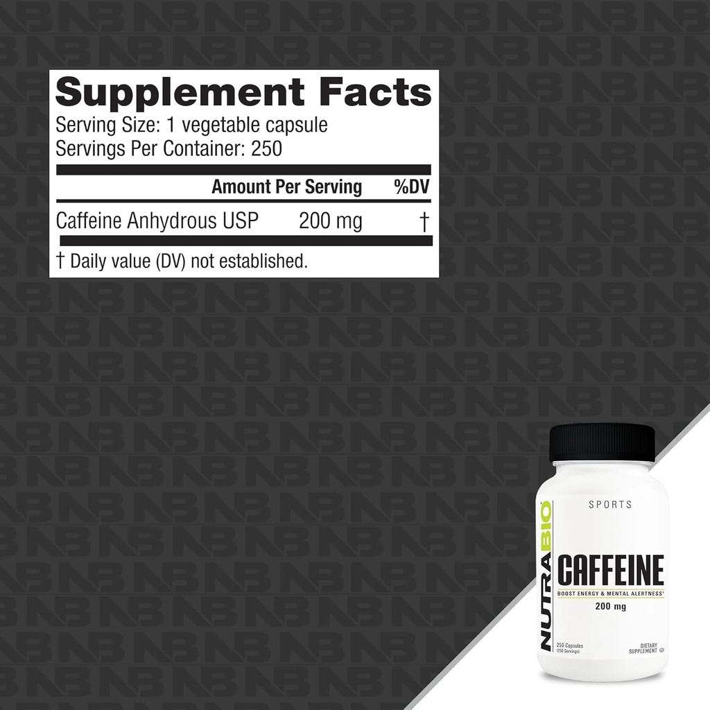 NutraBio 100% Pure Caffeine Capsules (250 Capsules)