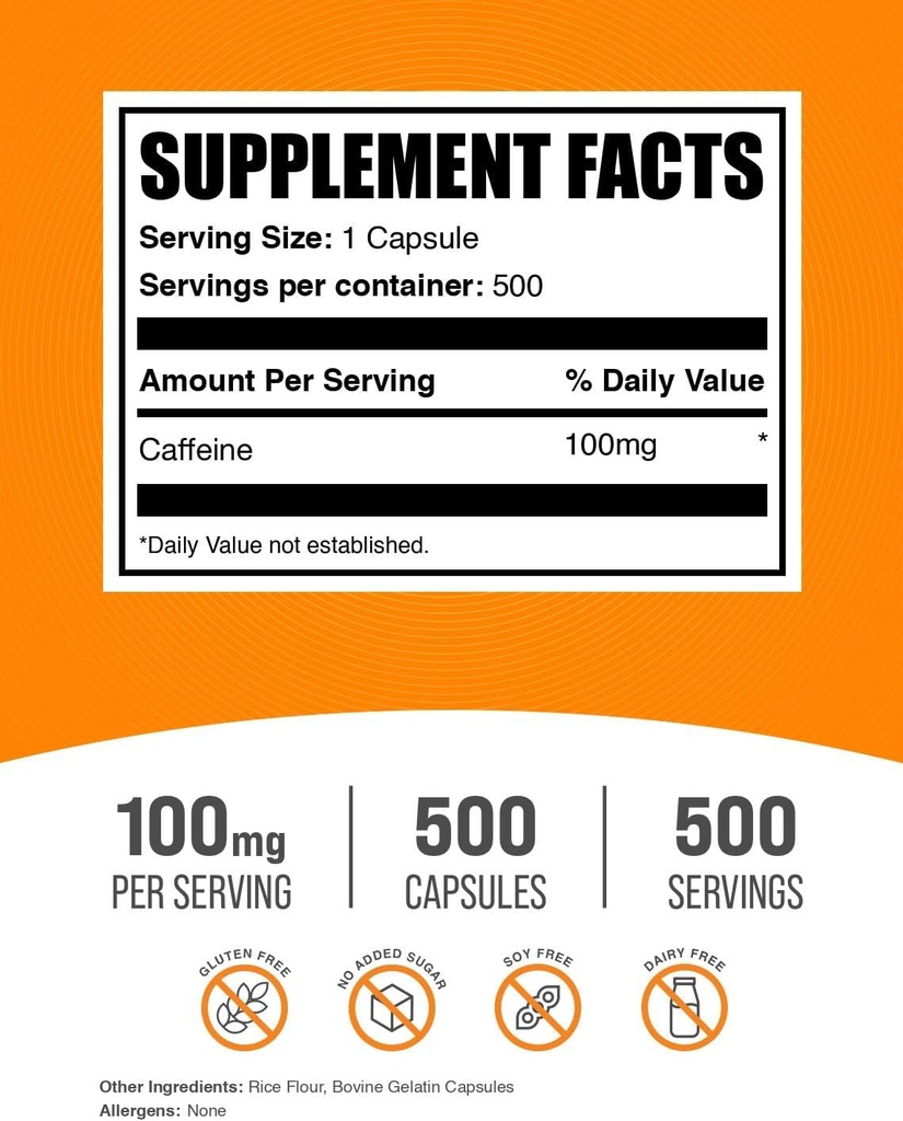 BulkSupplements.com Caffeine 100mg Capsules - Caffeine Supplements, Caffeine Pills 100mg - for Energy Support, 1 Caffeine Capsule per Serving, 500 Capsules (Pack of 1)