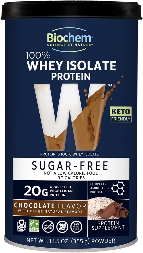 Biochem 100% Whey Sugar-Free Chocolate 20g, 12.5oz, Certified Vegetarian, Certified Gluten Free, Certified Non-GMO Tested, Keto Friendly, Grass-Fed…