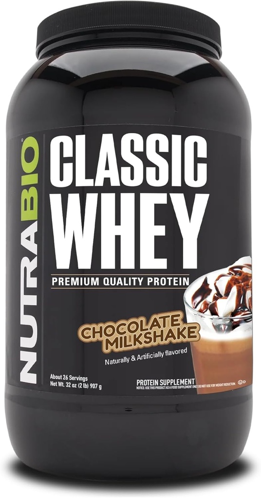 NutraBio Classic Whey Protein Powder- 25G of Protein Per Scoop - No Fillers, Artificial Colors, Preservatives - Chocolate Milkshake, 2 Pounds