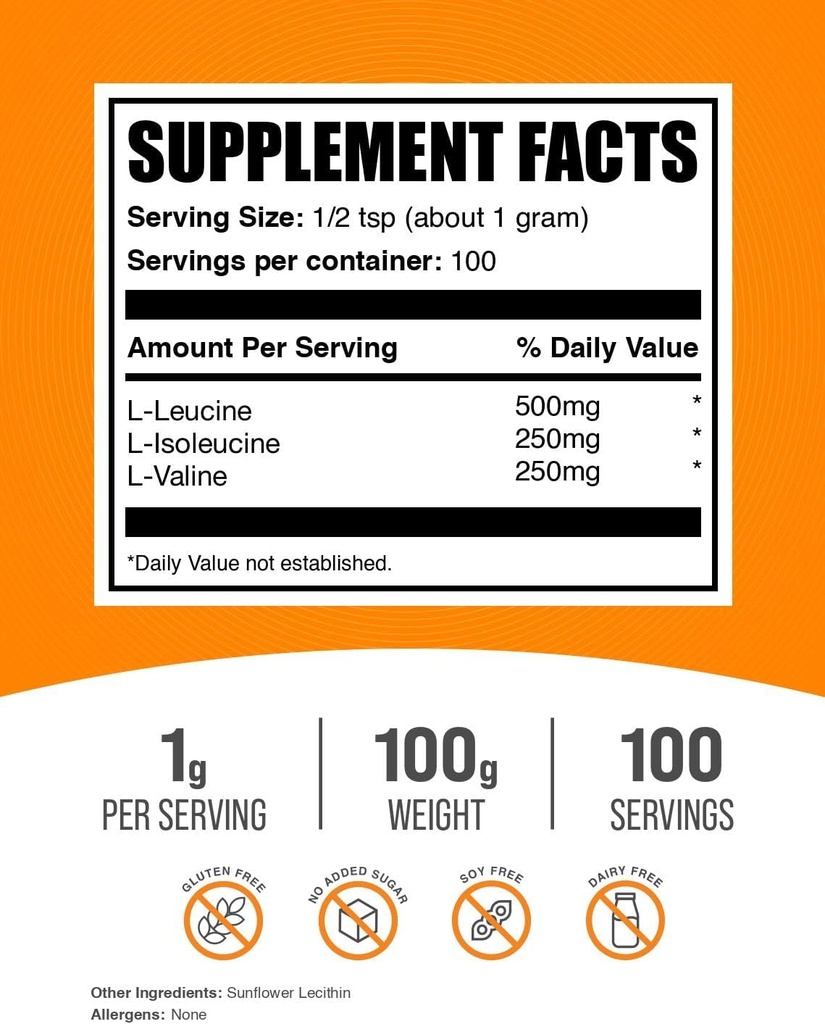 BulkSupplements.com BCAA 2:1:1 Powder - Branched Chain Amino Acids, BCAAs Amino Acids Powder - Unflavored & Gluten Free, 1g per Serving, 100g (3.5 oz) (Pack of 1)