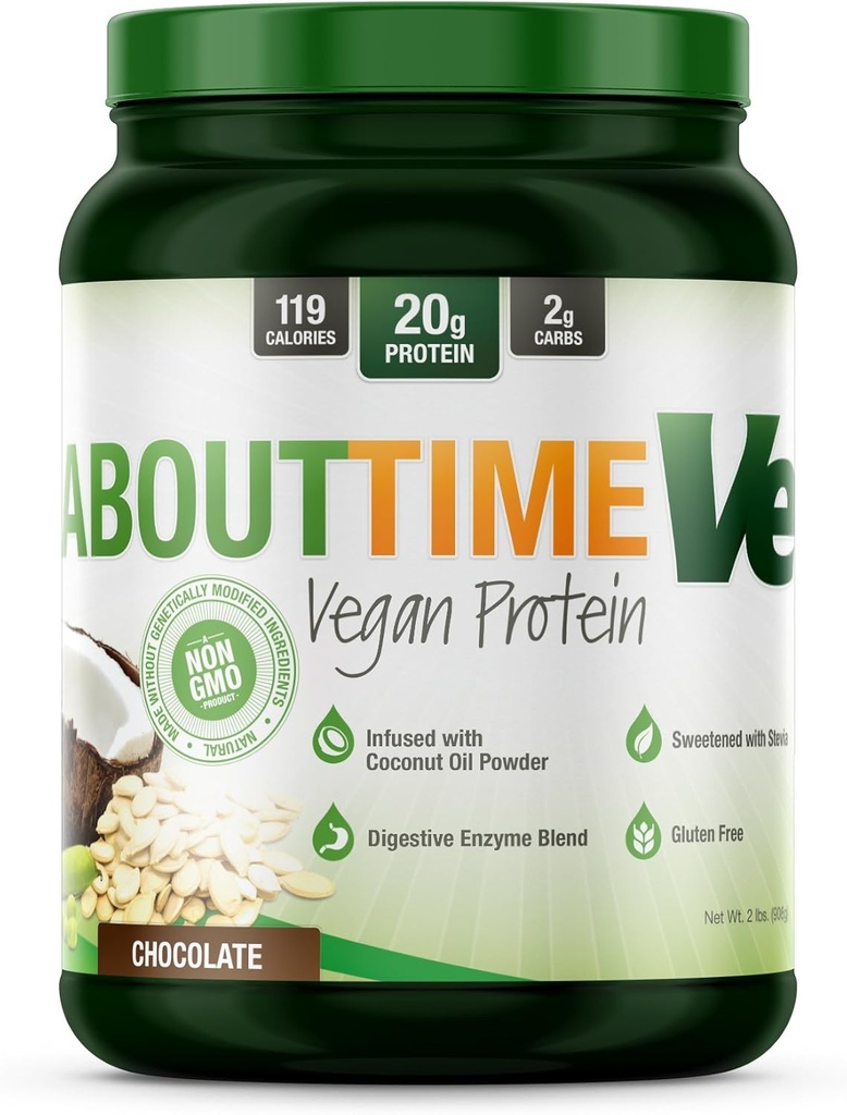 About Time Natural Vegan Protein Chocolate 2lb - 24g Protein, Non-GMO, Plant Based, Gluten Free, Soy Free, Dairy Free, 32 Servings
