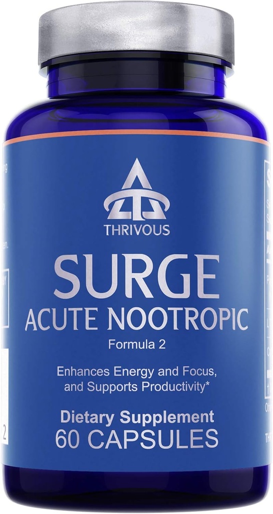 Thrivous Surge - 100mg Caffeine Pills with 200mg L-Theanine and Ginseng - Caffeine Anhydrous with Zero Sugar - Jitter-Free Focused Energy - Natural Nootropic Supplement - 60 Capsules