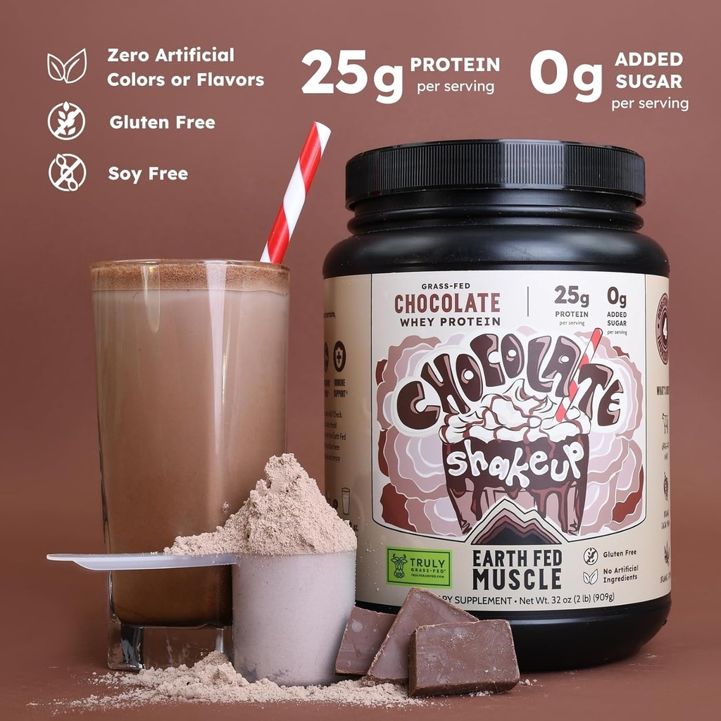 Earth Fed Muscle Whey Back Truly Grass Fed Whey - No Fillers, Flow Agents, or Synthetic Blends, Soy Free, Non GMO and Hormone Free (2 Pound, Chocolate)