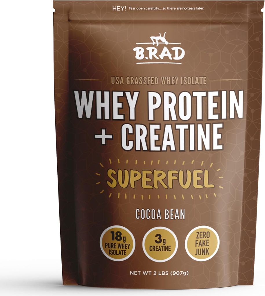 B.rad Grass-Fed Whey Protein Isolate Powder with Creatine | All-Natural, Ultra-Pure, Clean Ingredients | 100% USA-Sourced Superfuel | 2 Pounds | Cocoa Bean (Chocolate)