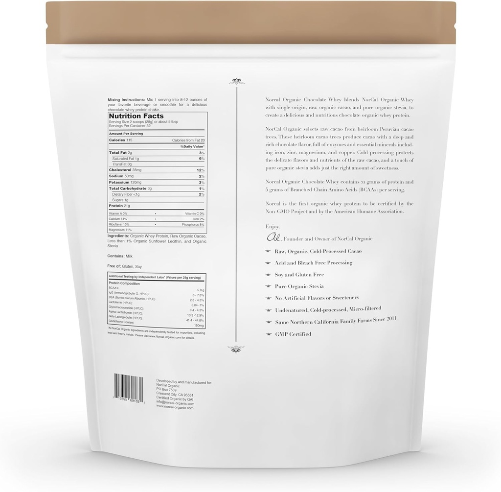 NorCal Organic Chocolate Whey Protein | 100% USA Grass-Fed, USDA Certified | Naturally Flavored with Raw Cacao from California Family Farms | 32 Ounce (Pack of 1) - 32 Servings