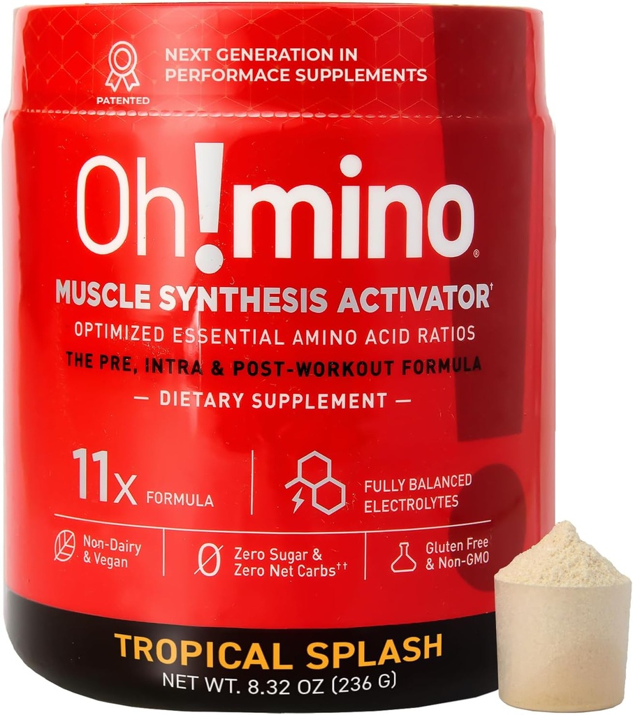 Oh!mino Essential Amino Acids Supplement. Tropical Splash, Cafeeinated Powder. All 9 EAAs, BCAAs and The Perfect Amino for Workouts, Amino Energy, and to Build Muscle, and Recover Faster.