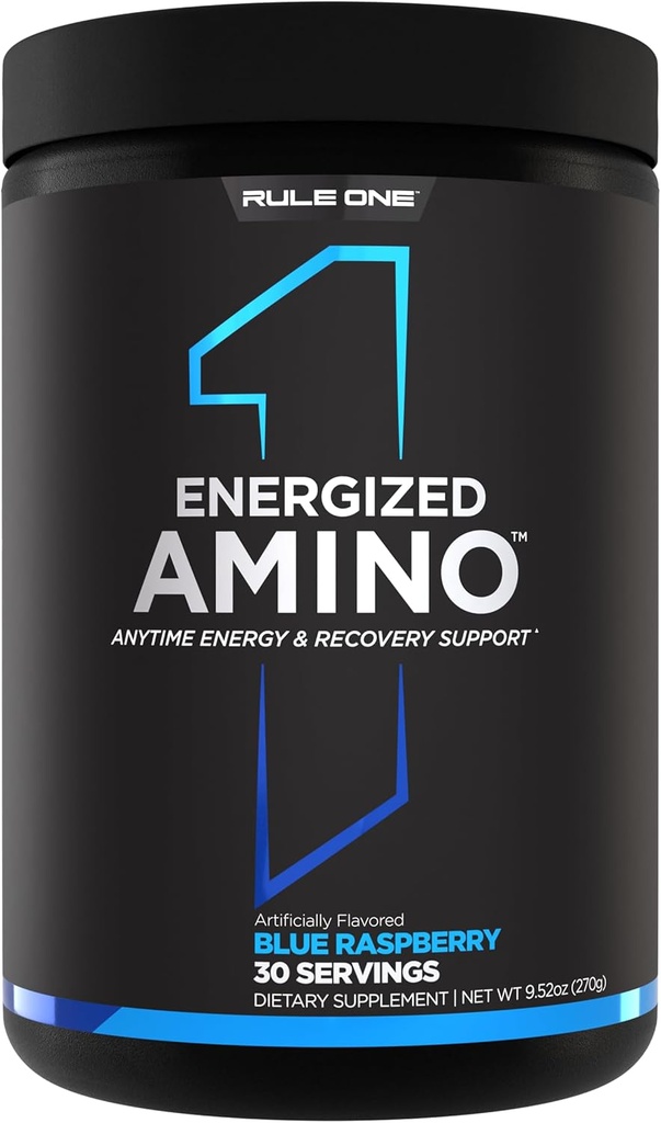 Rule 1 Energized Amino – Anytime Energy and Recovery Support with BCAAs, Glutamine, Citrulline, Beta Alanine, and Caffeine from Green Coffee and Tea Leaf Extracts (Blue Raspberry, 30 Servings)